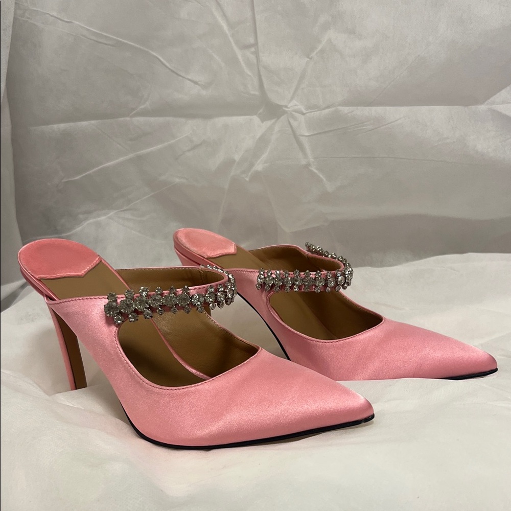 Elegant Pink Satin Women's Heels with Rhinestone Strap